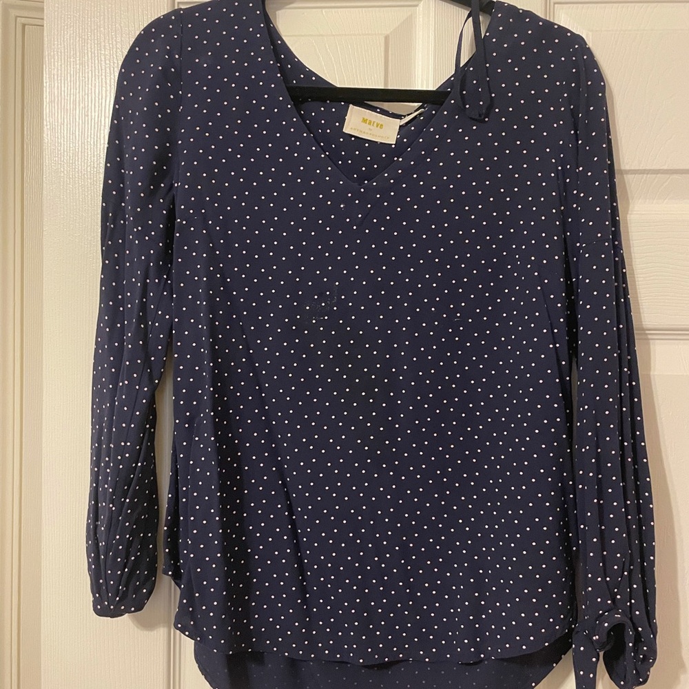 Anthropologie Maeve navy blue polka dot blouse